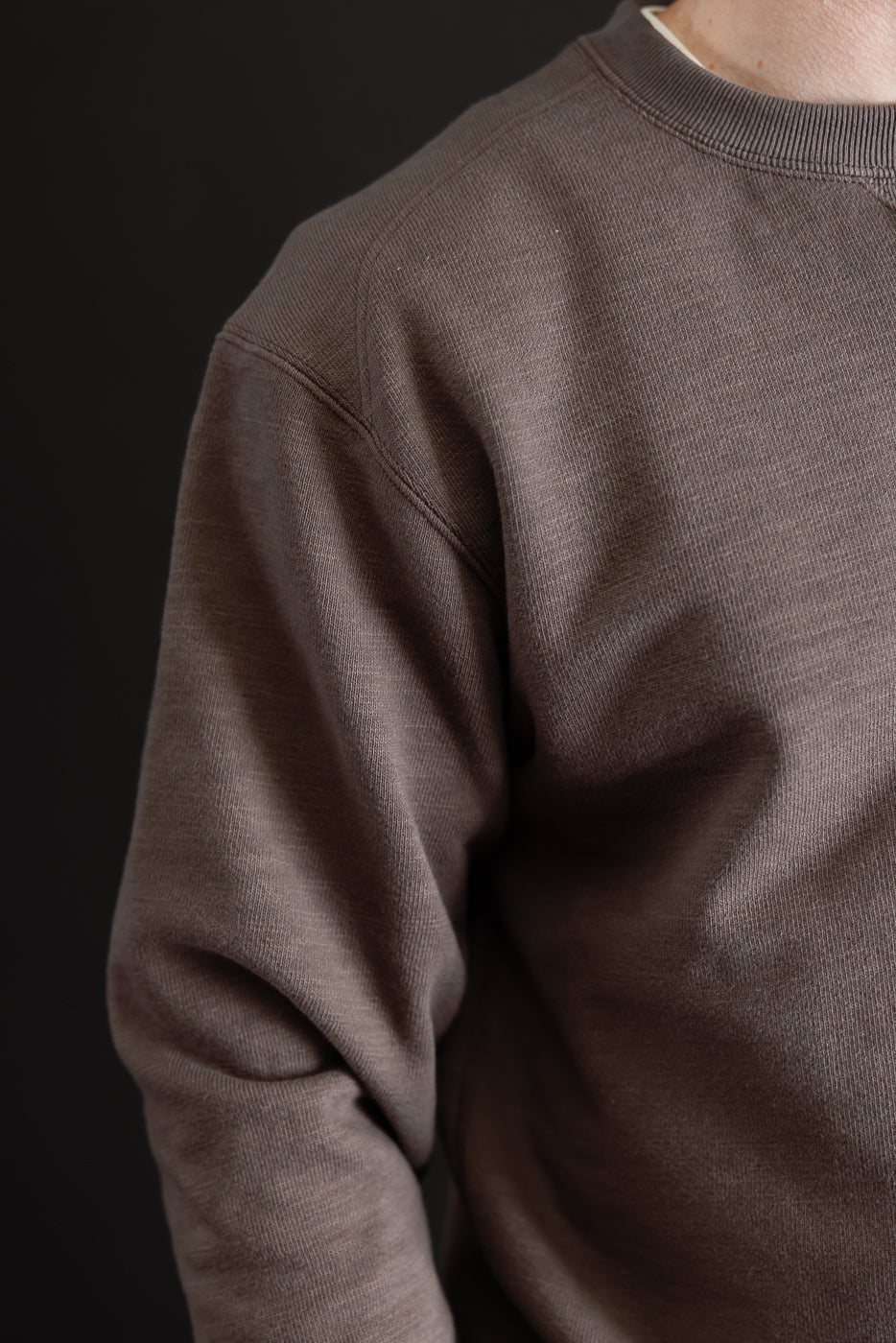 Close-up of the front and right side of a brown crewneck sweatshirt on a male model.