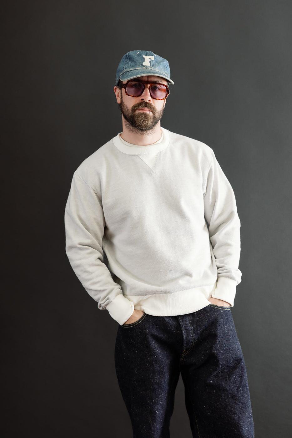 Full body front view of a male model, 5'9