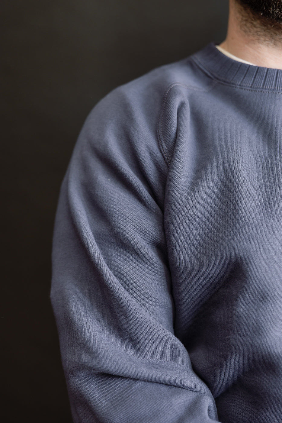 The JG-CS24 Albert Sweat, a slate-blue, crew-neck sweatshirt, features a vintage-inspired, seamless design with freedom sleeves, crafted from plush 100% cotton, reflecting Dant's heritage-focused menswear collection.