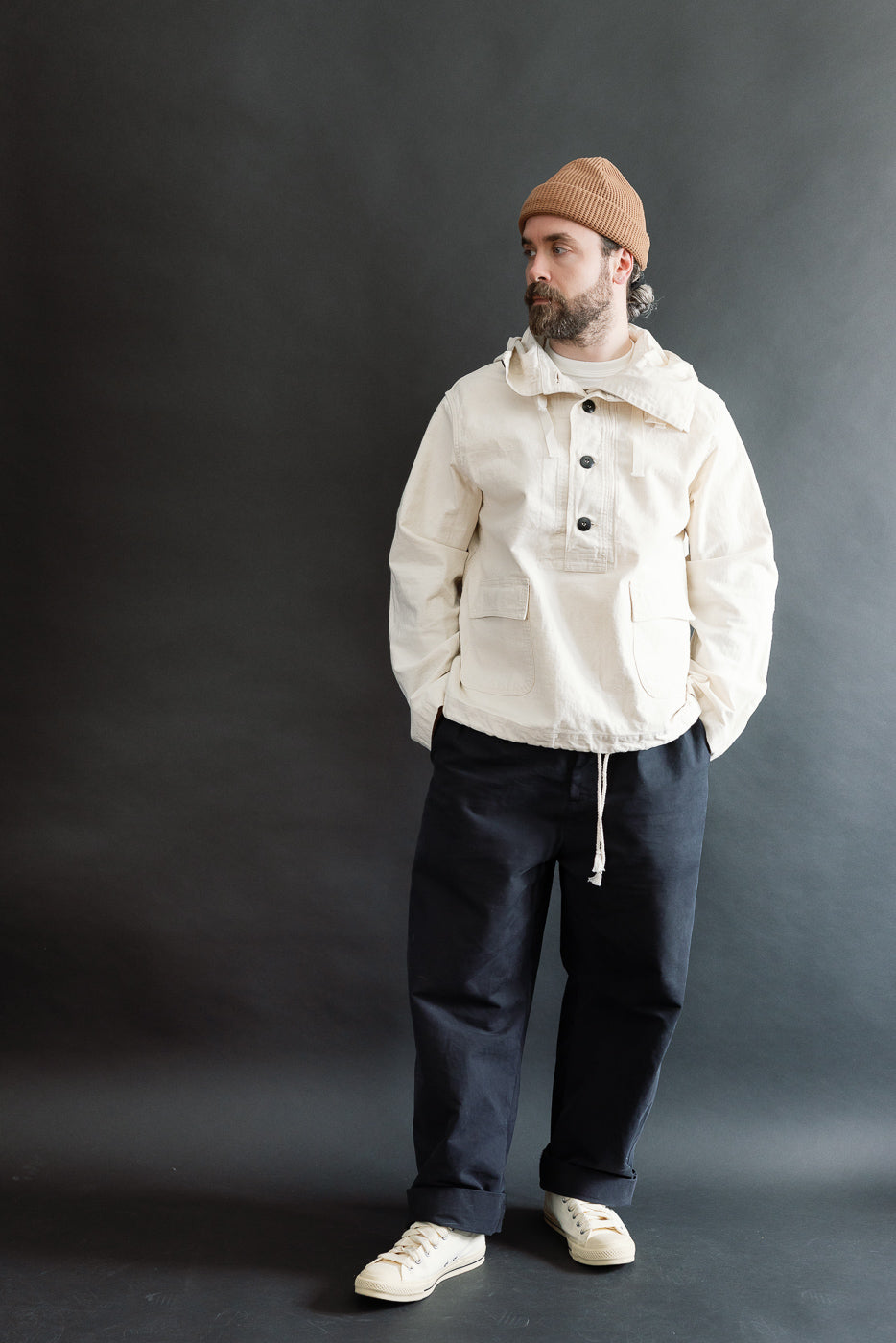Full body front view of male model 5'9