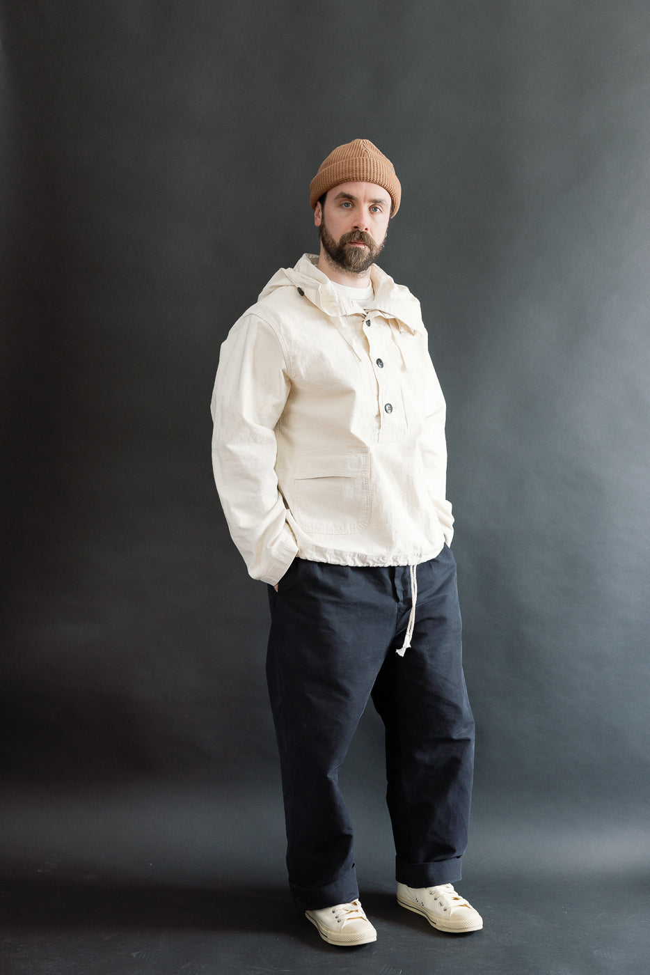 Full body front view of male model 5'9