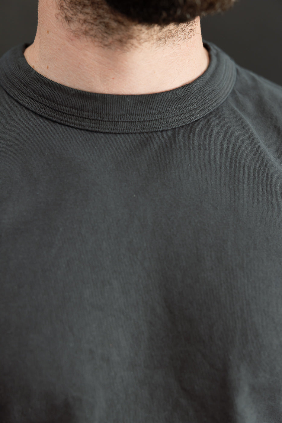 Close-up front view of dark gray crew neck tee, showcasing ribbed collar and fabric texture on male model.