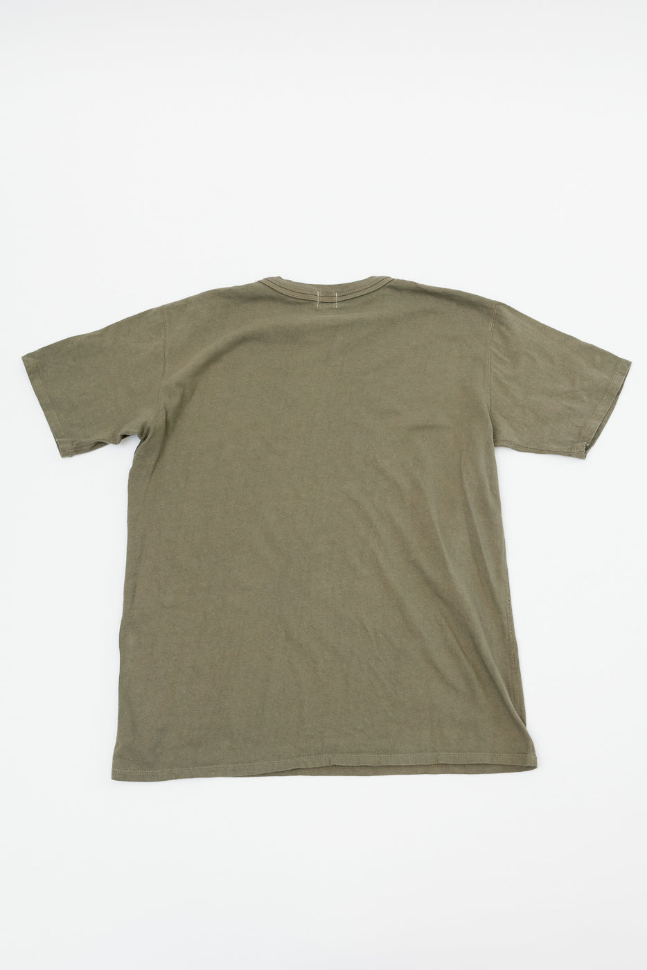 Olive green men's t-shirt back view, flat lay, showing crew neck and hem details