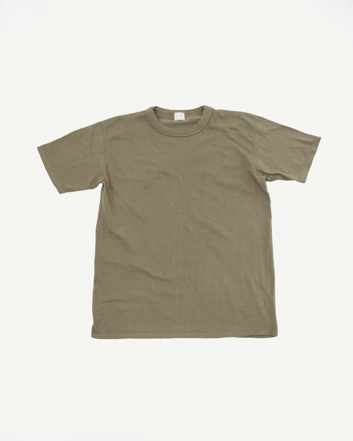 Flat lay front view of olive green ribbed crew neck t-shirt with visible brand tag at collar.