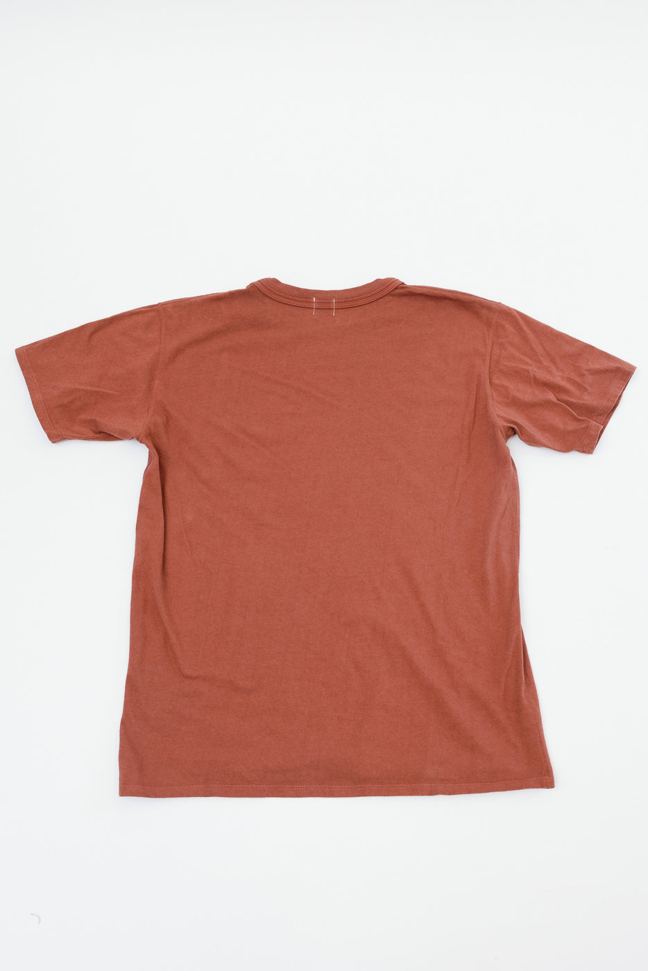 Back view of rust-colored short-sleeve t-shirt, flat lay, showing hem and neckline details