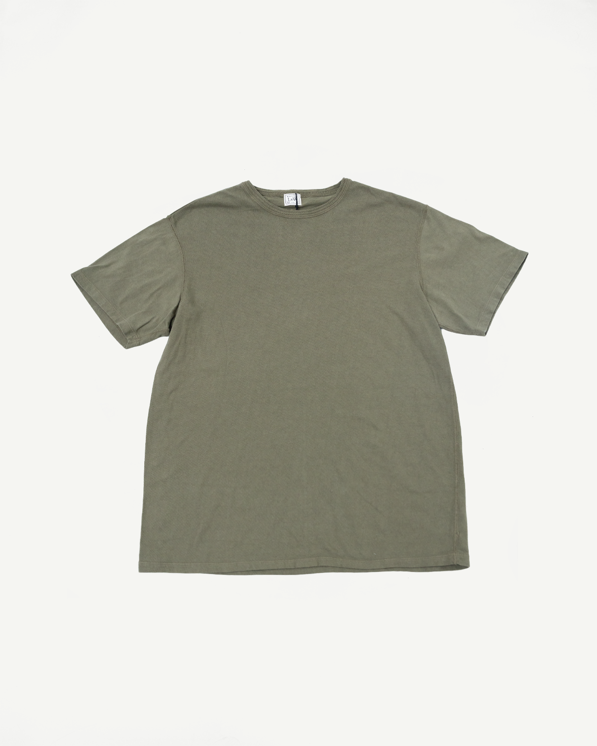 Olive green men's crew neck t-shirt, front flat lay, ribbed texture, tag visible at collar