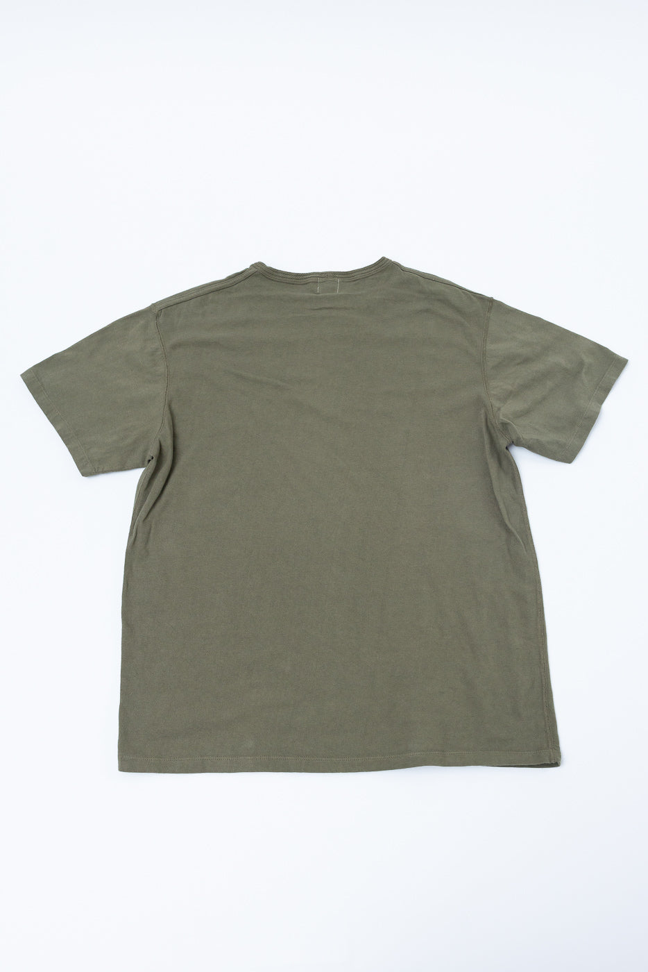Flat lay back view of olive green short-sleeve t-shirt, showing crew neck and hem stitching details