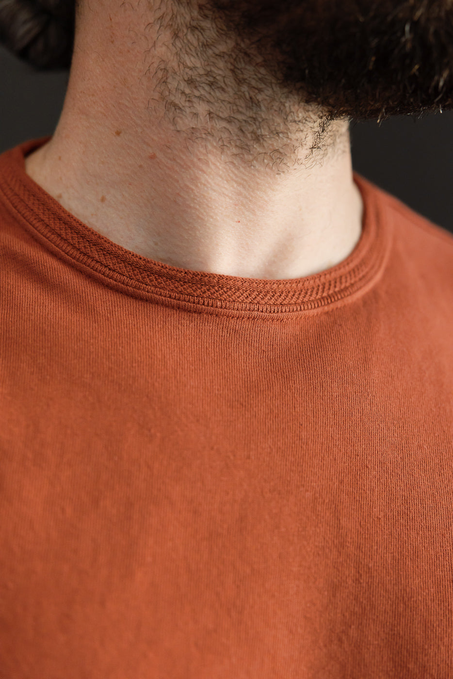 Close-up front view of rust-colored crew neck tee, showcasing ribbed collar detail on male model.