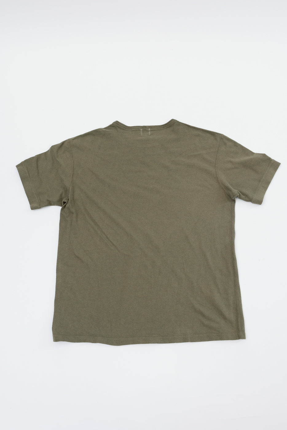 Olive green men's short-sleeve t-shirt back view, flat lay, showing crew neck and hem details