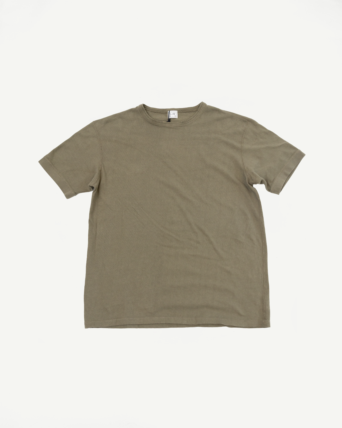 Olive green ribbed crew neck t-shirt, front flat lay, tag visible at neckline
