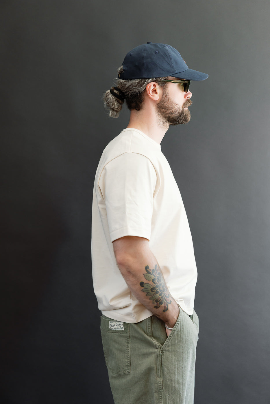 Profile view of male model (5'9