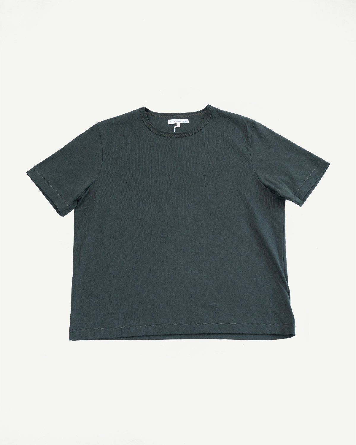 Front view flat lay of a dark grey crewneck short sleeve t-shirt.