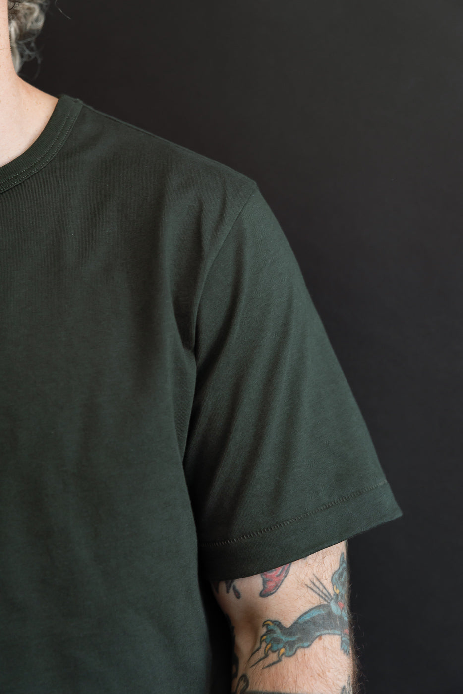 Close-up side view of a male model (5'9
