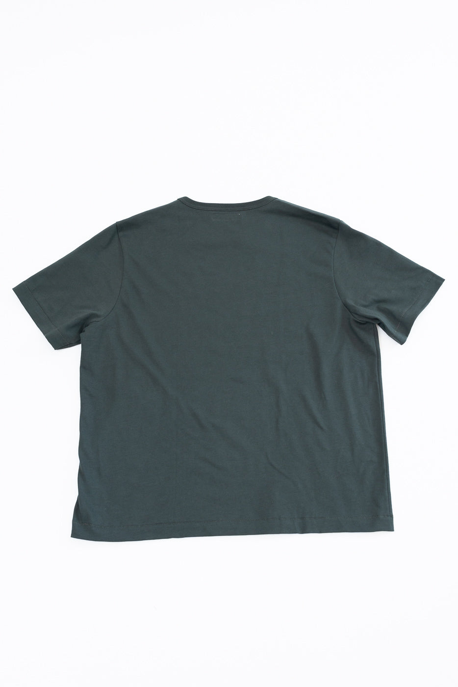 Back view flat lay of a dark teal short sleeve crew neck t-shirt.