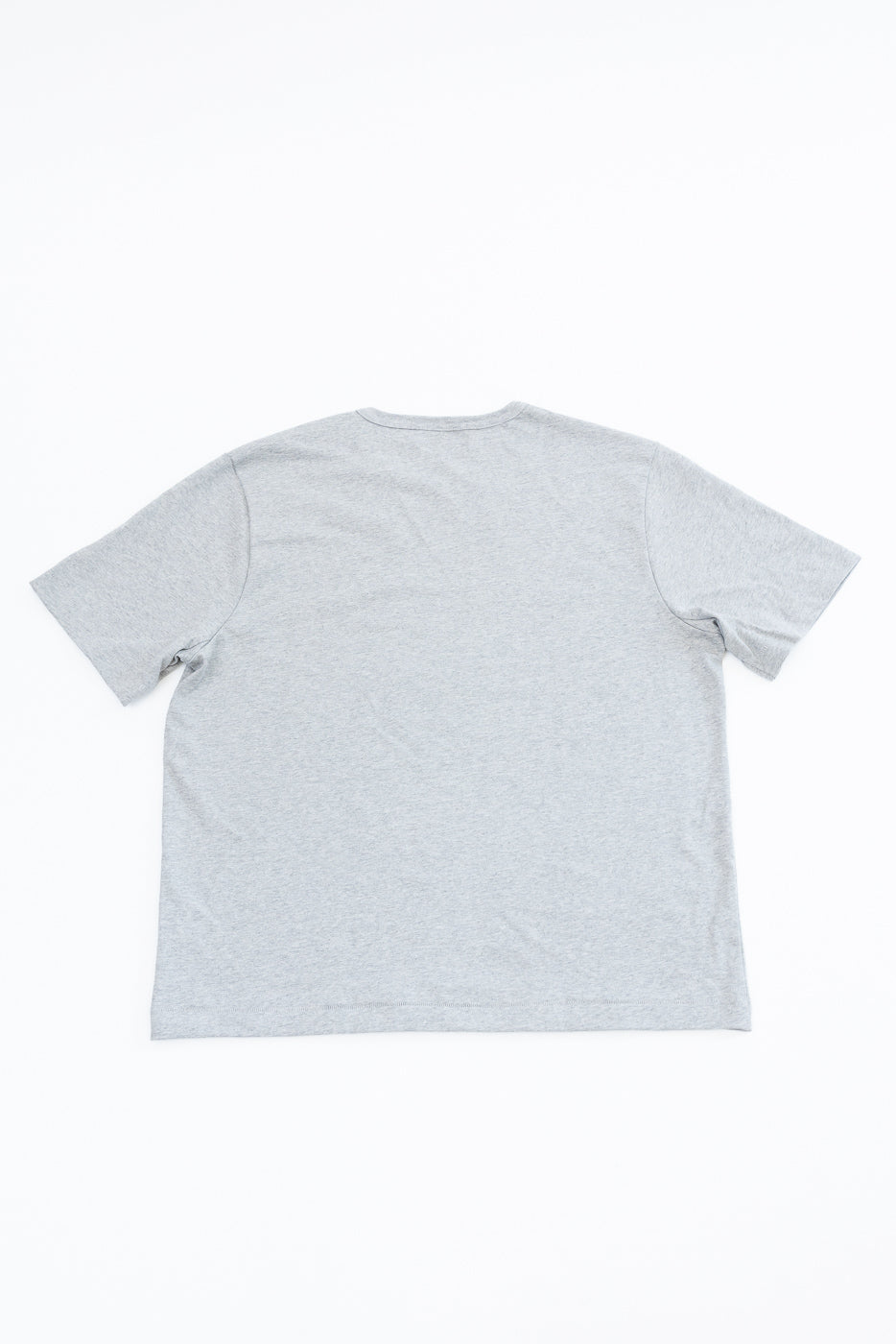 Flat lay of the back of a light grey short-sleeve t-shirt.