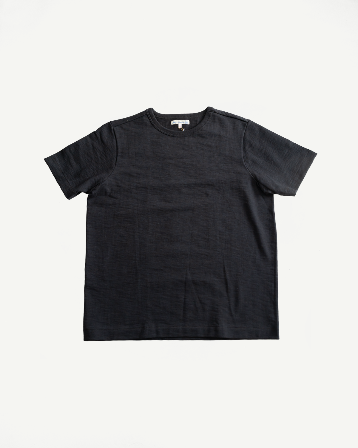 Flat lay front view of charcoal loopwheeled heavyweight T-shirt, short sleeve, crew neck.
