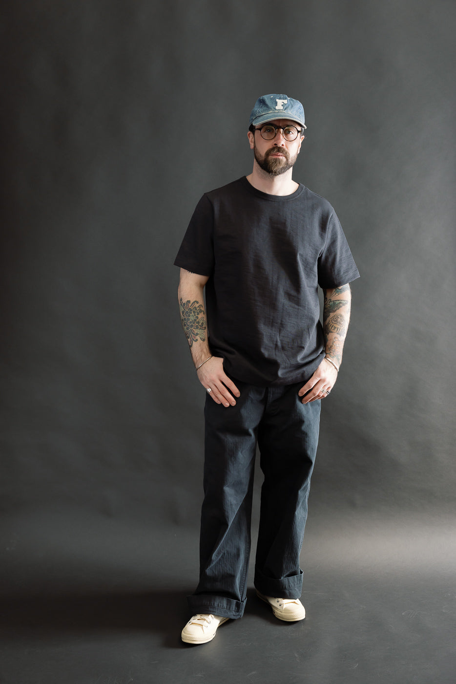 Full body front view of male model 5'9