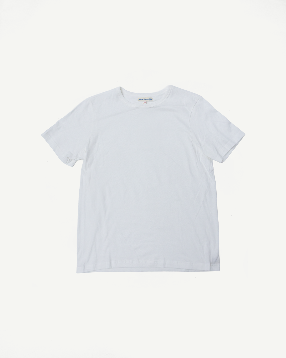 Flat lay front view of Merz b. Schwanen 1950s classic fit white loopwheeled T-shirt