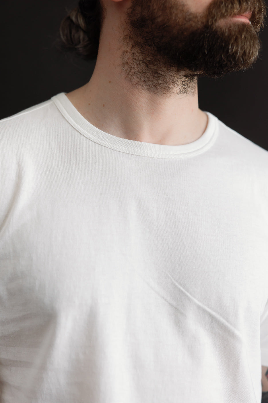 Close-up front view of classic white loopwheeled t-shirt on male model, 5'9
