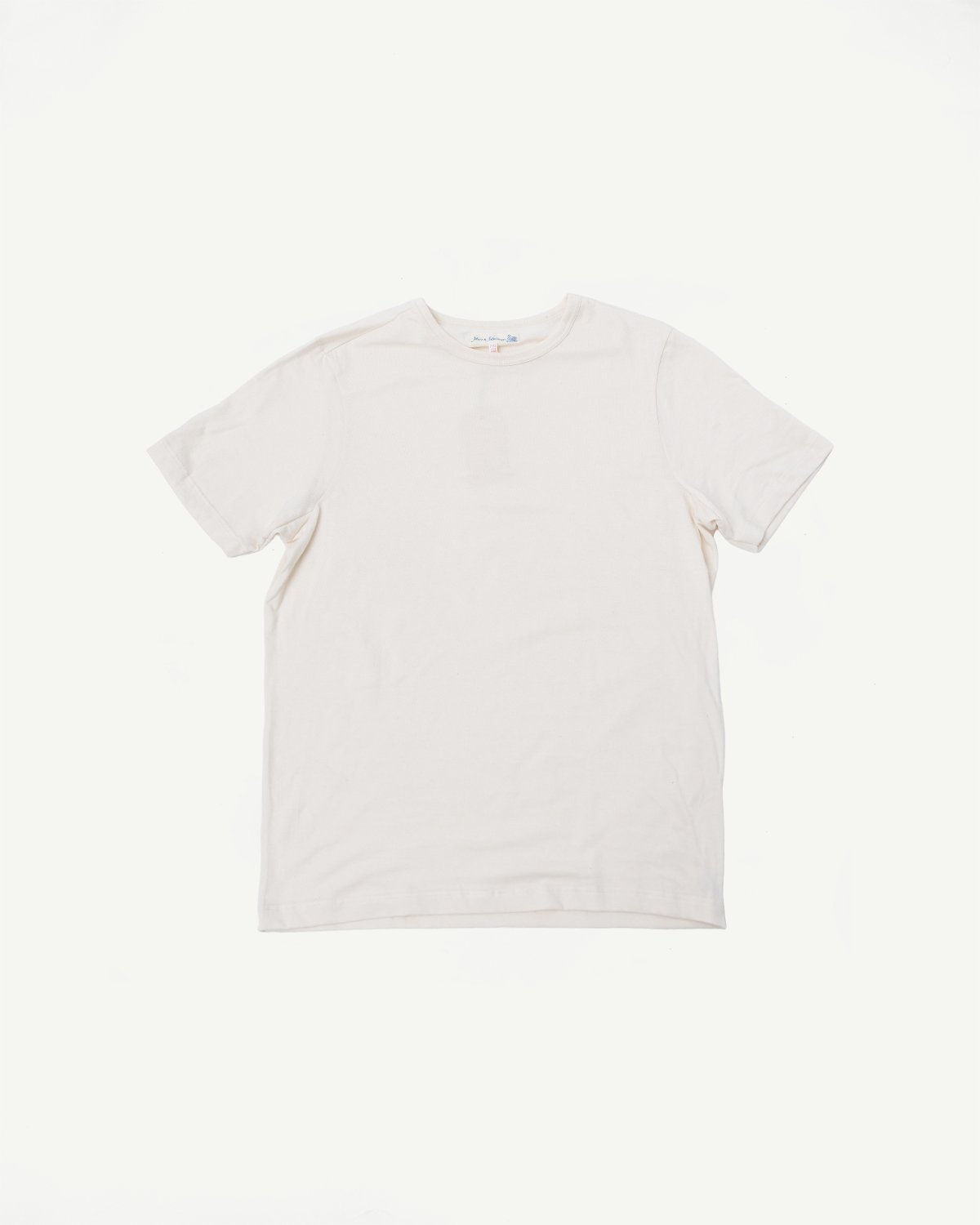 Flat lay of Merz b. Schwanen 1950s loopwheeled T-shirt in nature, front view, short sleeve, crew neck.