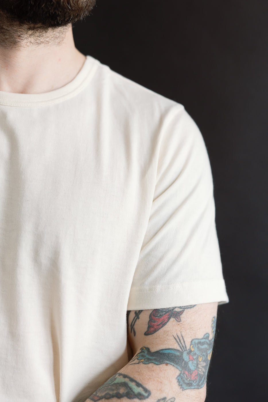 Close-up front left of Merz b. Schwanen natural loopwheeled T-shirt on male model, 5'9