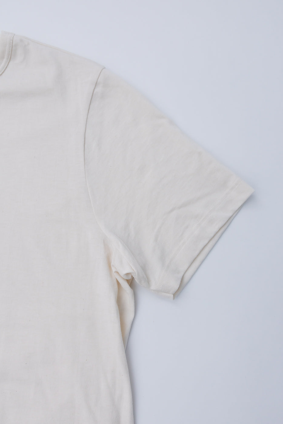 Close-up of Merz B Schwanen 1950s loopwheeled T-shirt right sleeve, natural color, fabric texture visible, front side flat lay