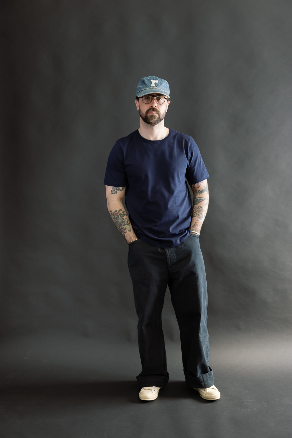 Full body front view of male model 5'9