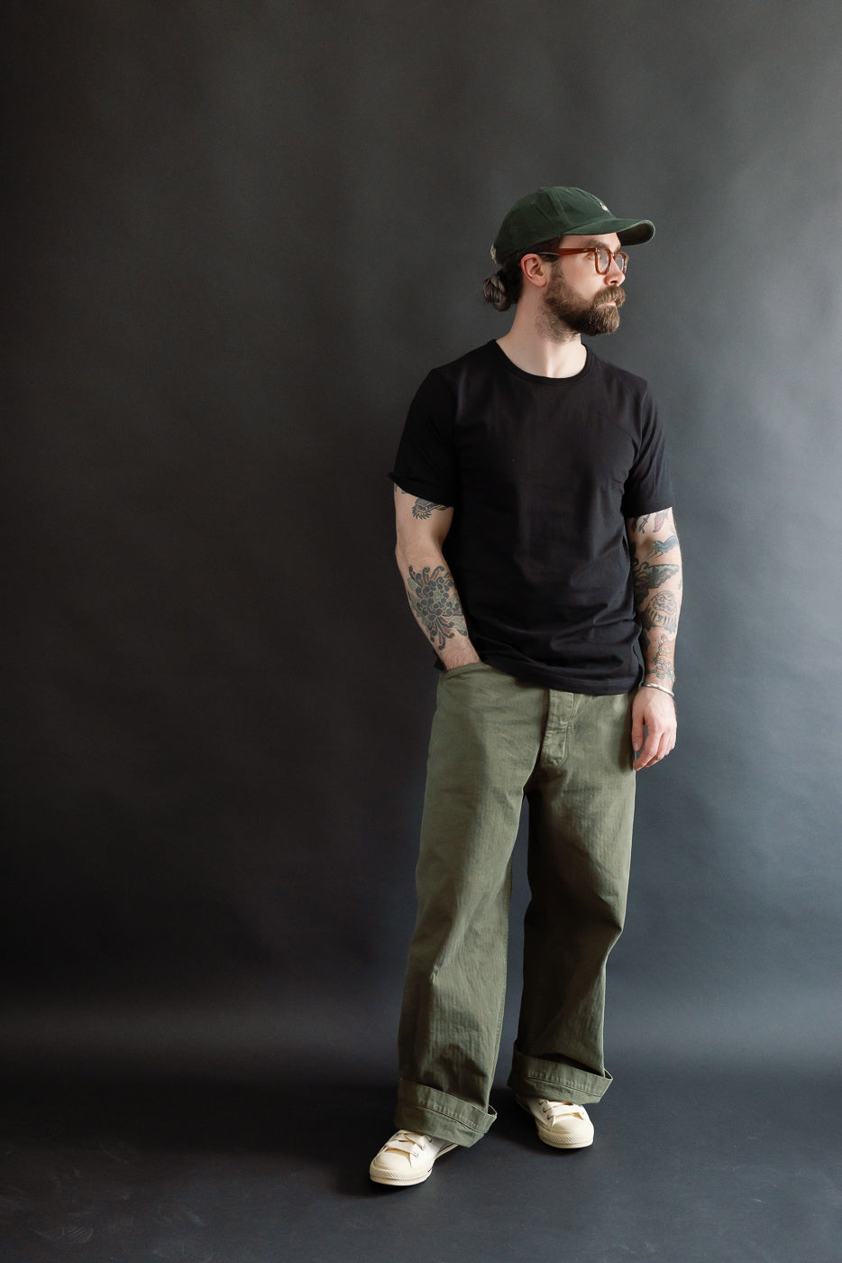 Full body front view of male model 5'9