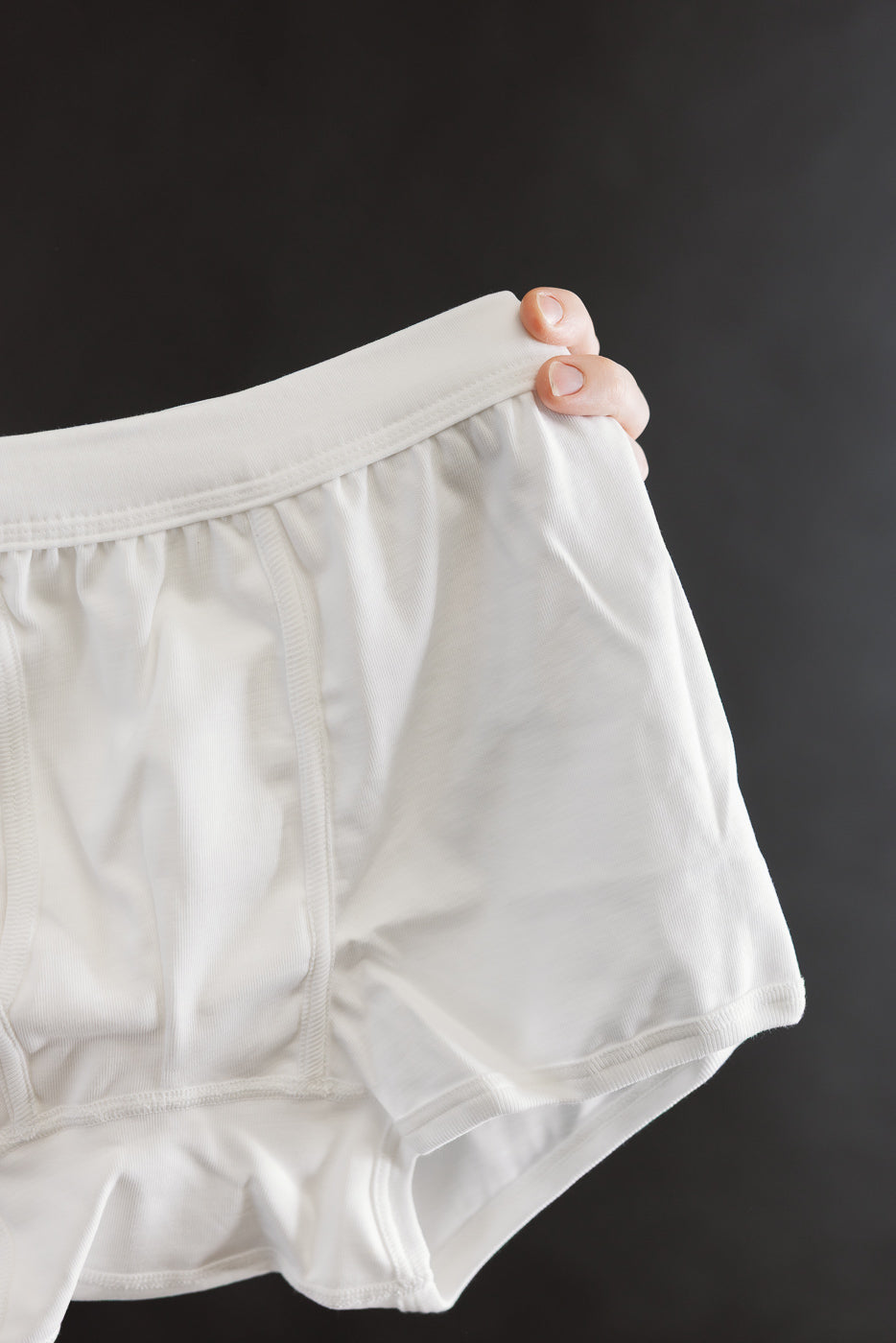 Close-up of the front side of white loopwheeled boxer brief, showing waistband and fabric texture.