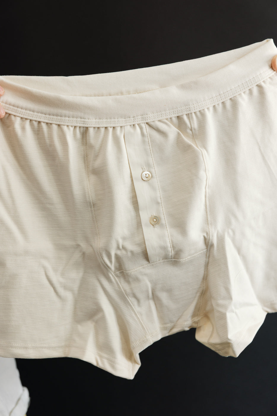 Close-up front view of natural color men's loopwheeled boxer, button fly detail visible.