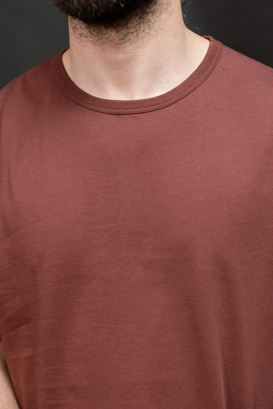 Close-up of the front neckline and chest of a brown crew neck t-shirt worn by a male model.