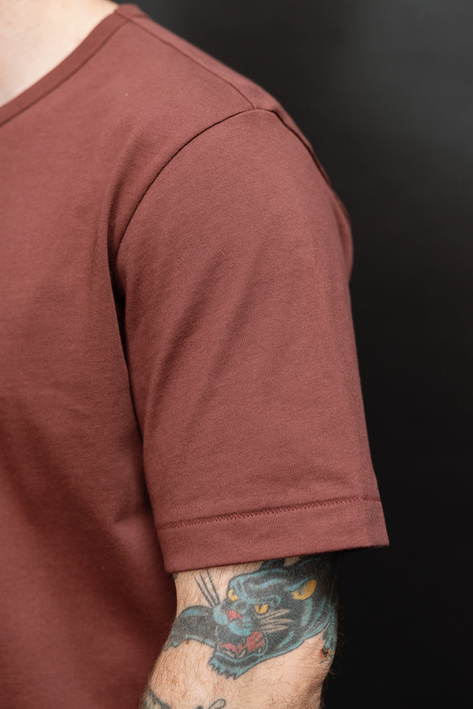 Close-up side view of a brown cotton t-shirt sleeve and shoulder texture on a male model.