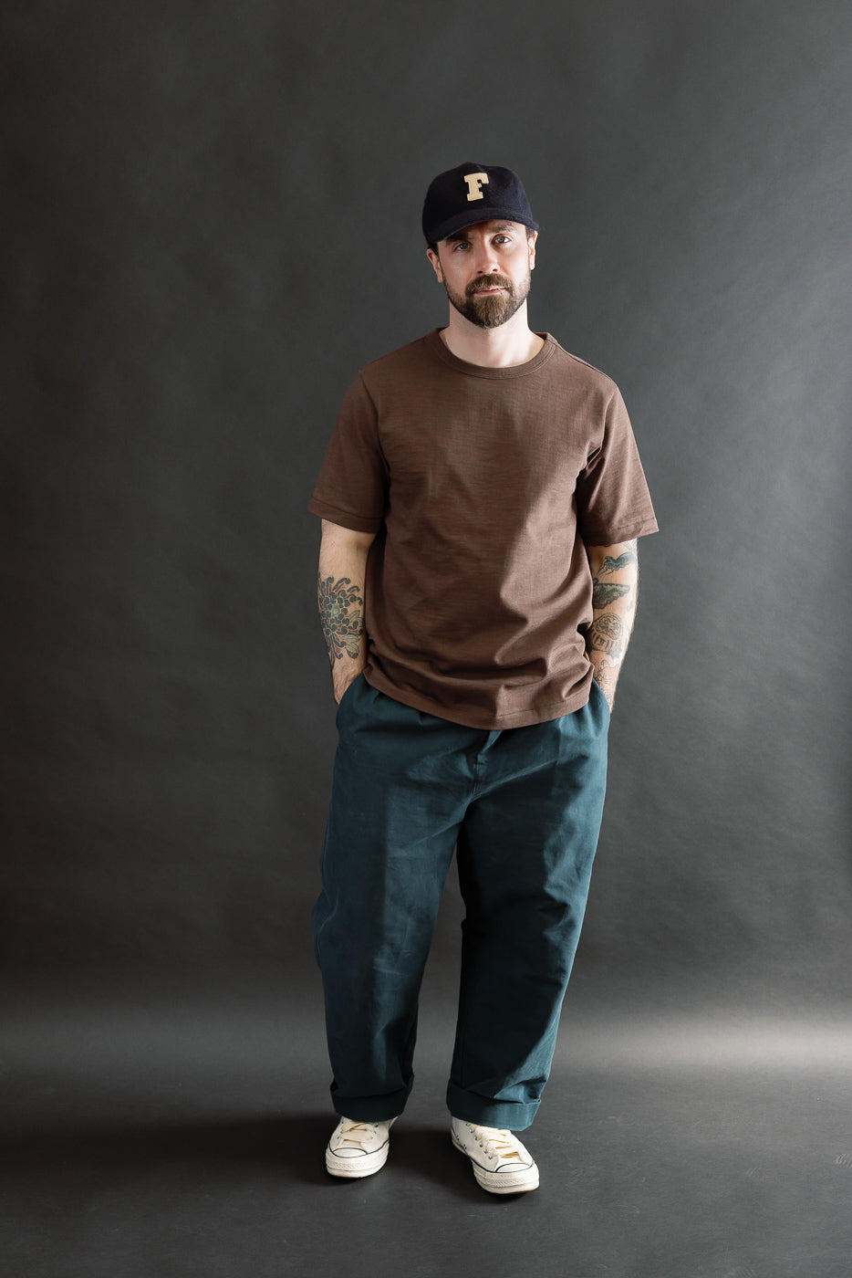 Full body front view of male model, 5'9