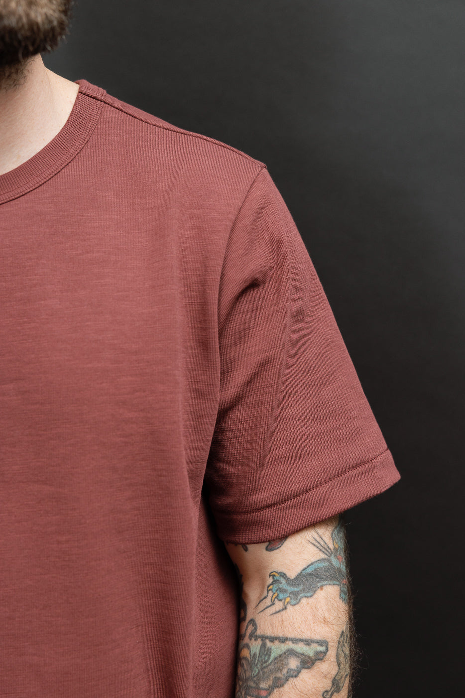 Close-up side view of a dusty rose t-shirt sleeve and crew neckline texture.