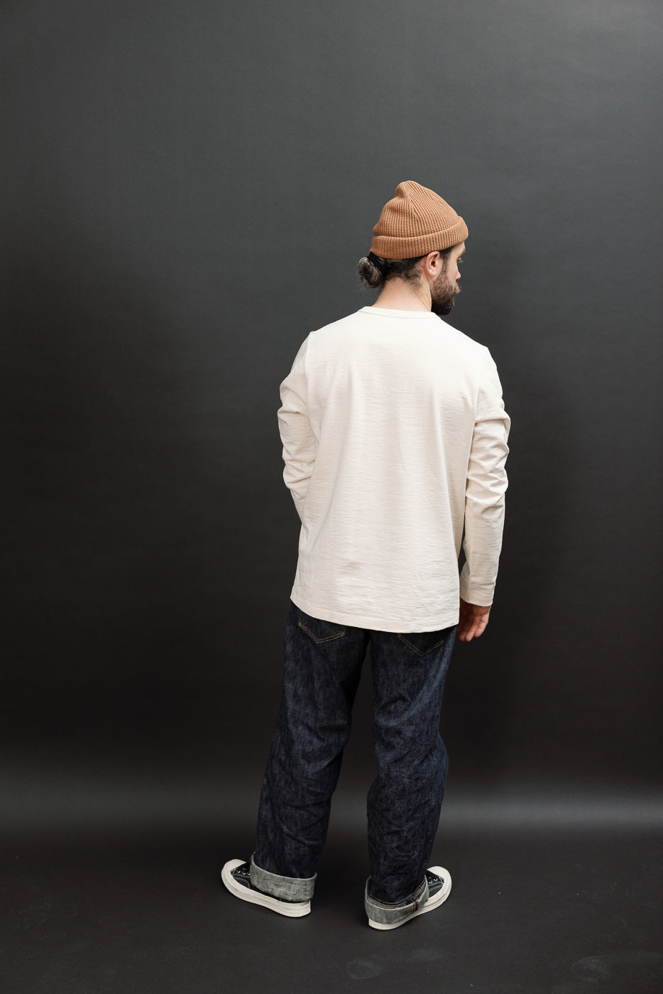 Back view, full body shot of a male model, 5'9