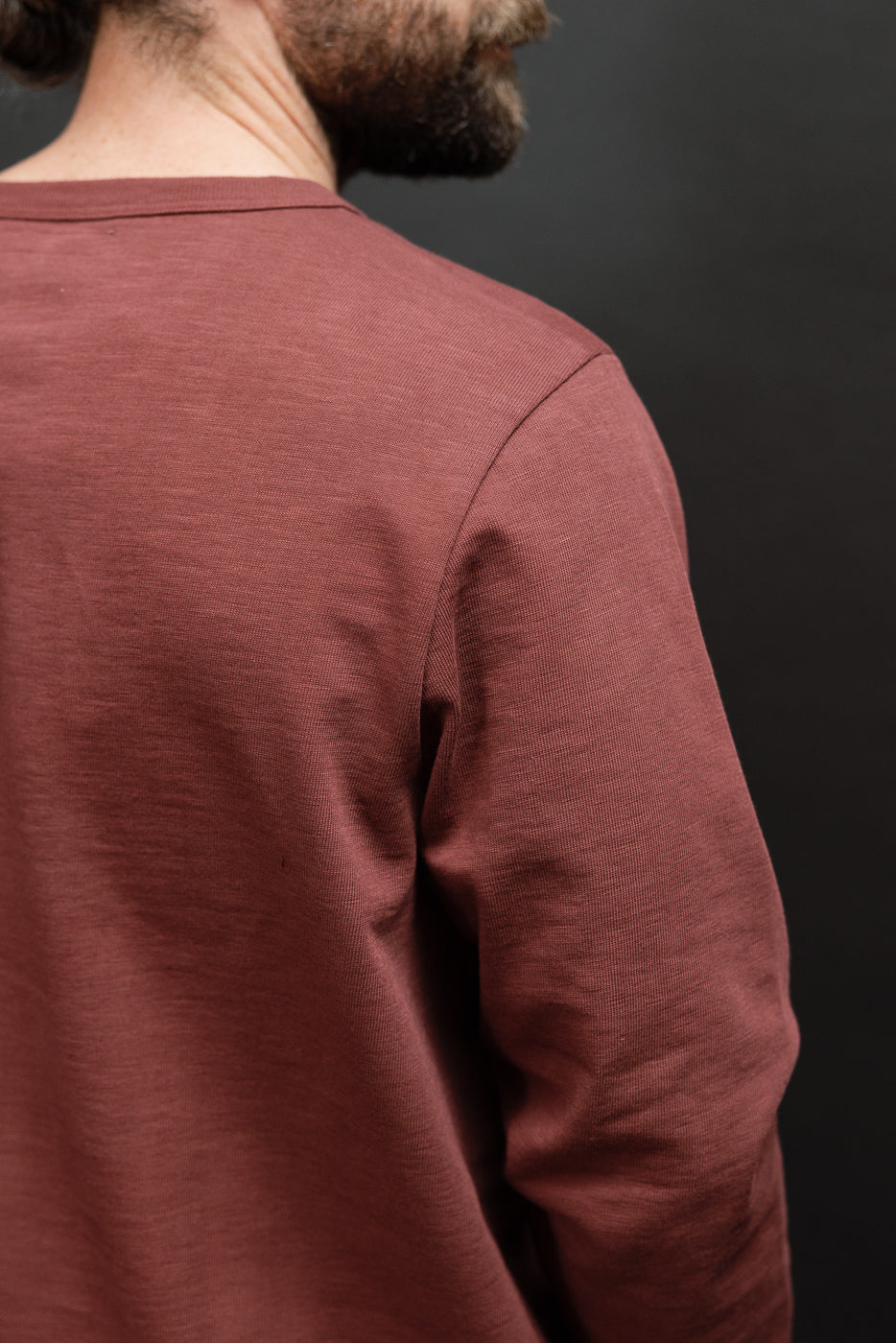 Close-up back view of a male model wearing a mauve long-sleeve crewneck shirt showing fabric texture.