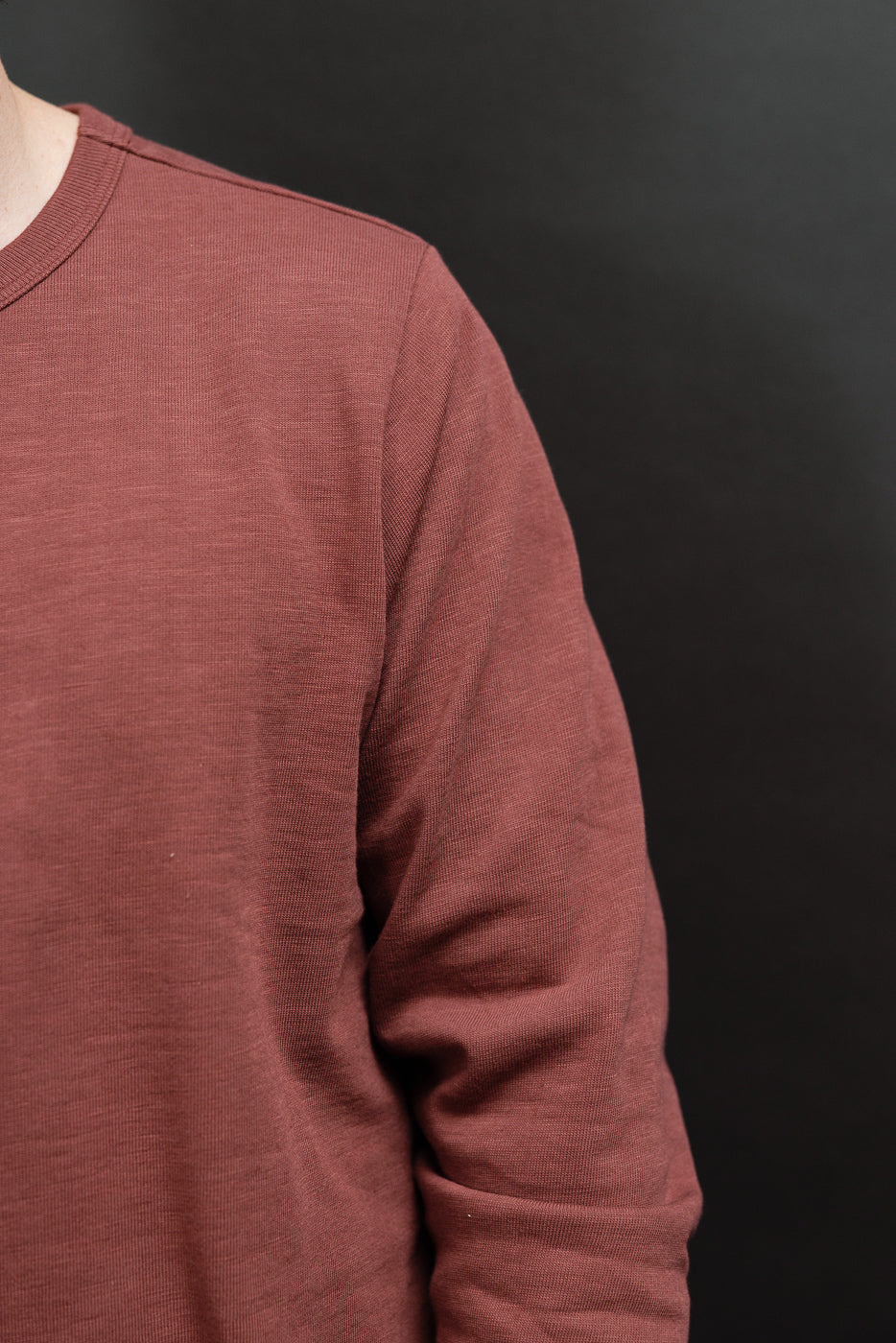 Close-up side view of a male model's dusty rose long sleeve crewneck sweater showing fabric texture.