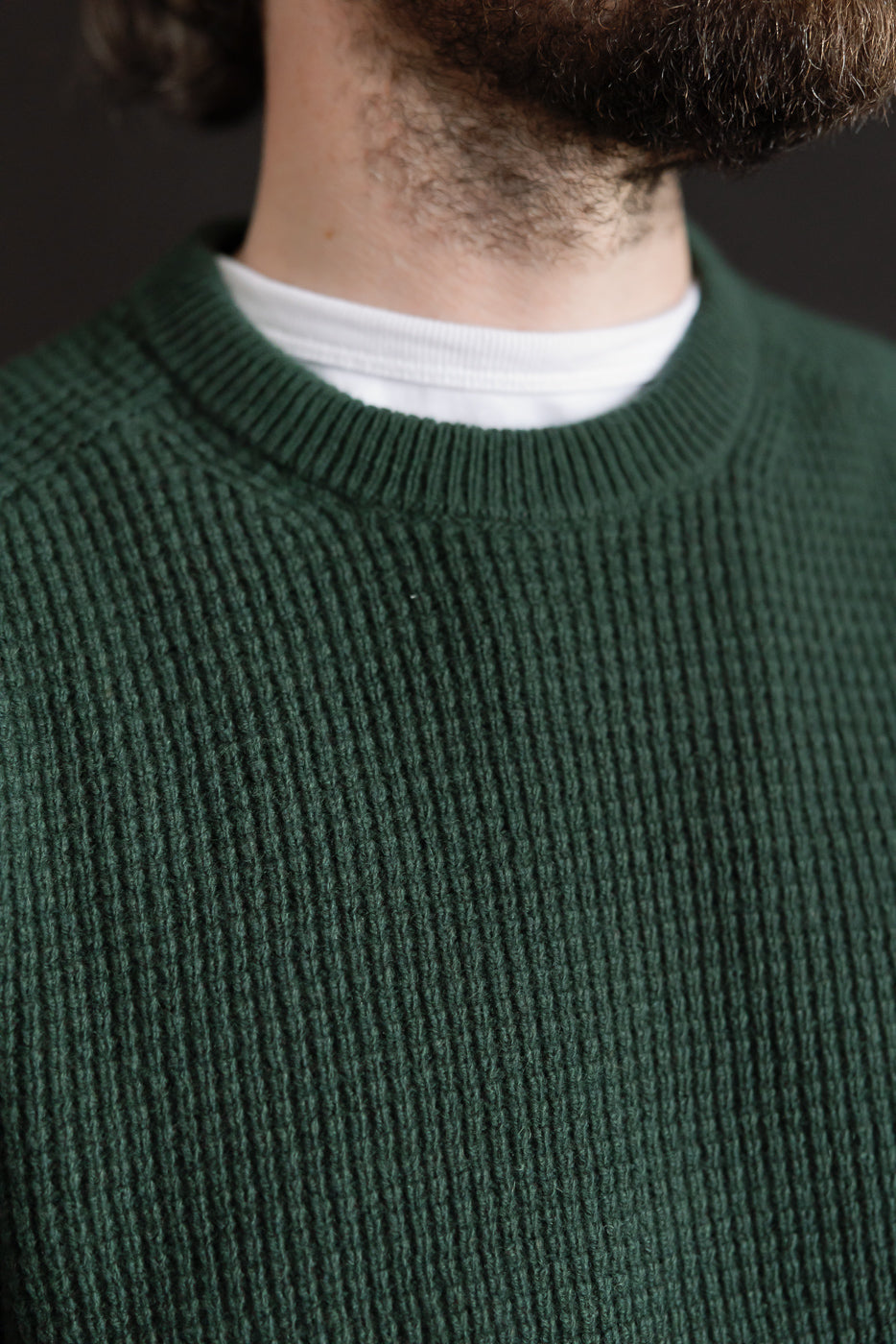 Close-up of front chest and collar of Merz B. Schwanen bottle green waffle pullover on male model, showing ribbed crewneck and textured merino wool cashmere blend. Model is male, 5'9
