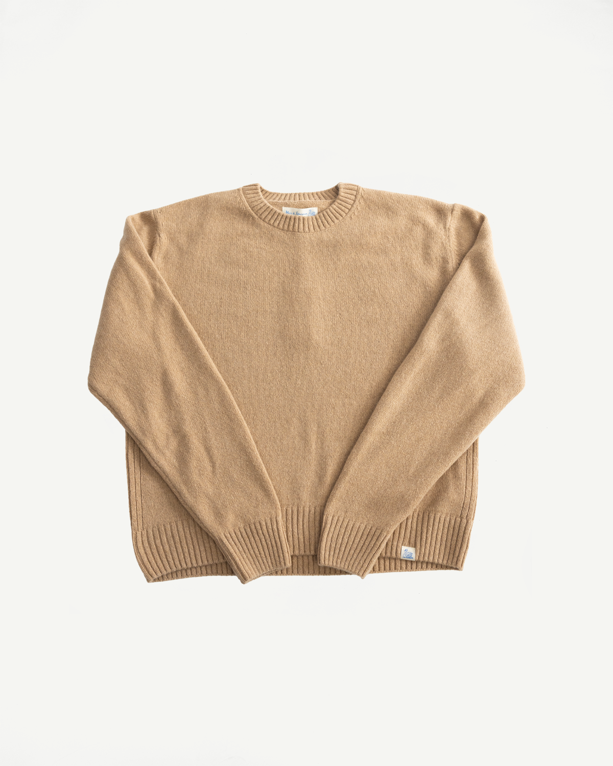 Front flat lay of beige recycled cashmere crewneck sweater, shows ribbed collar cuffs hem