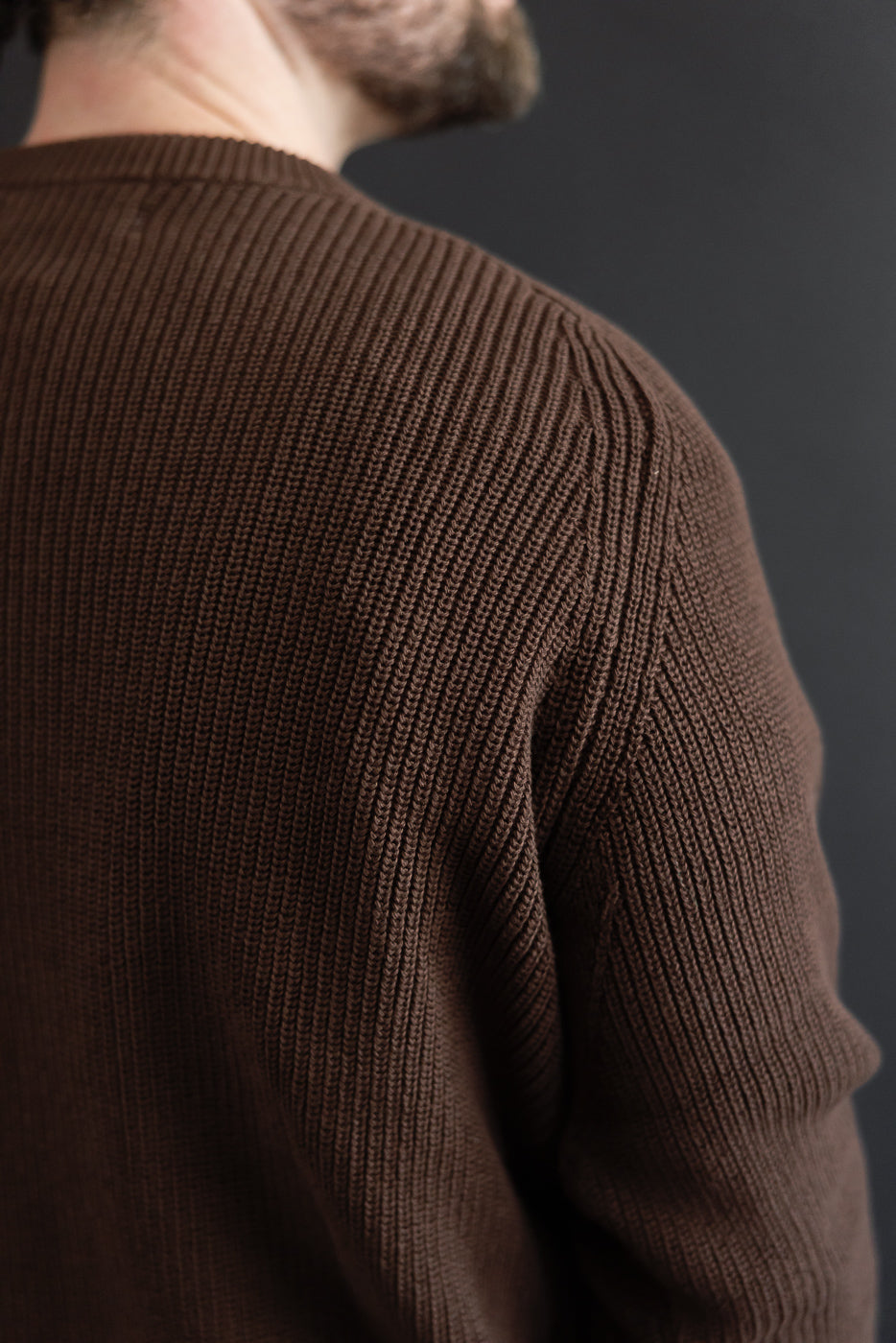 Close-up back view of a male model wearing a brown ribbed knit sweater.