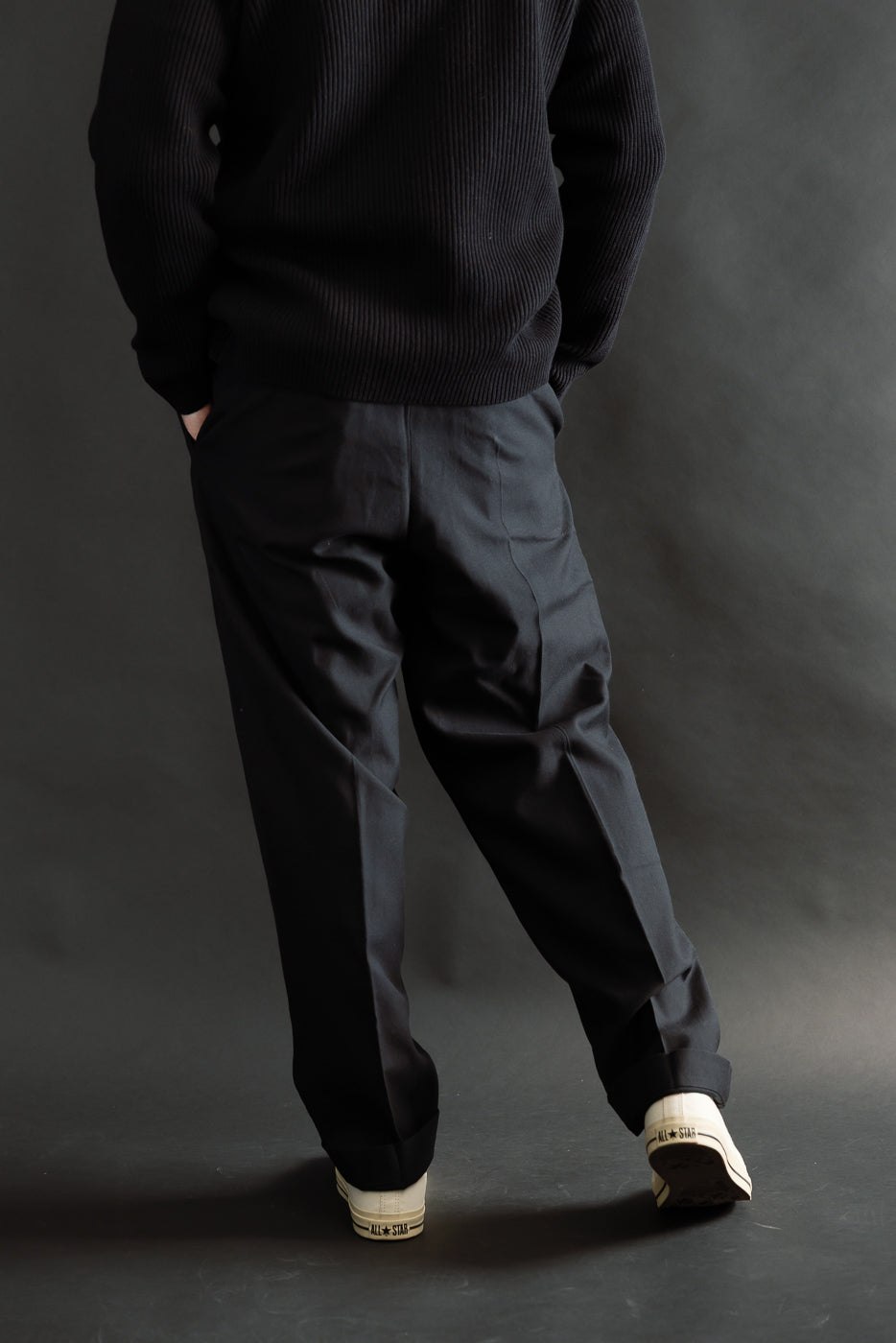 Full body rear view of male model 5'9