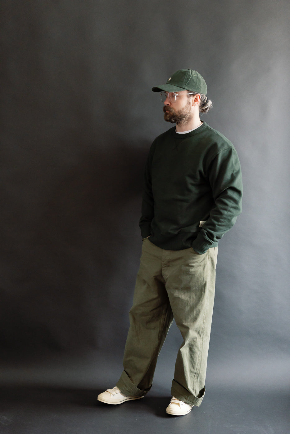 Full body front view of male model 5'9