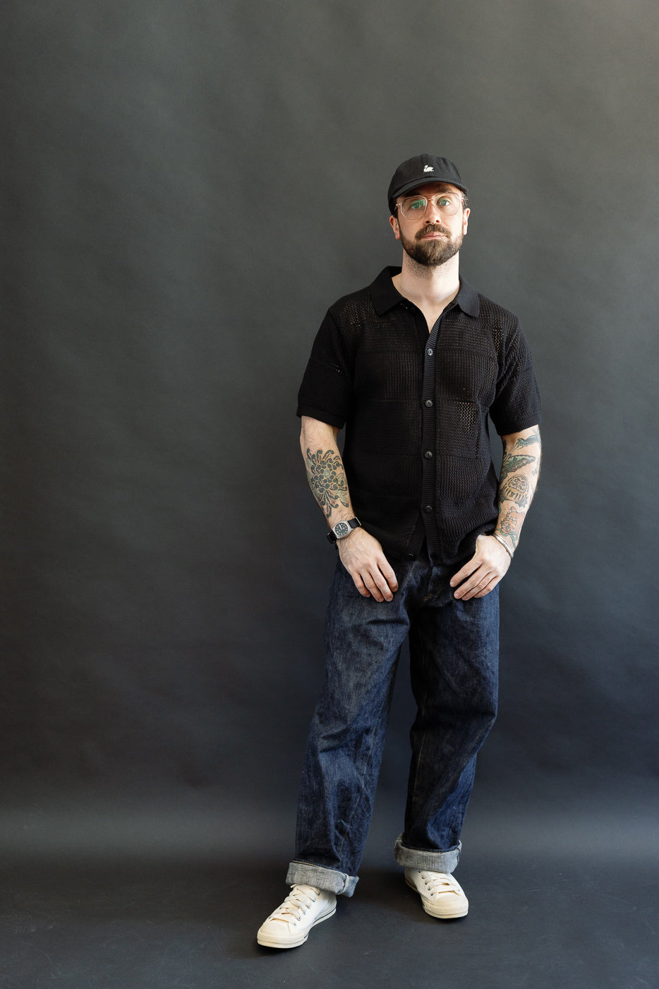 Full body, front view of a male model 5'9