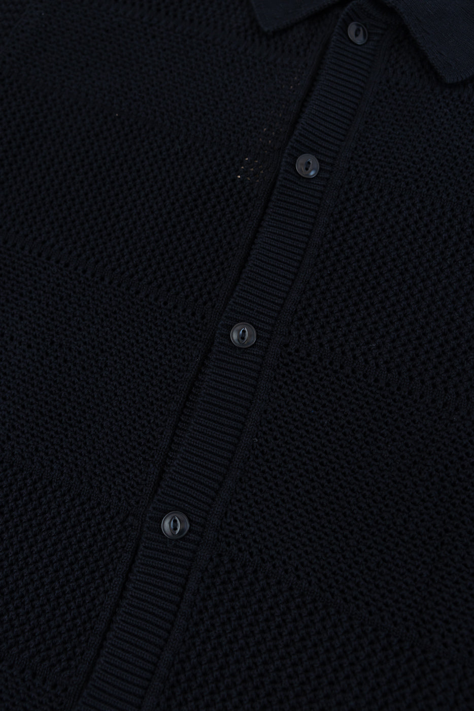 Close-up of front center deep black crochet cotton knit shirt, showing buttons, collar, and textured fabric.