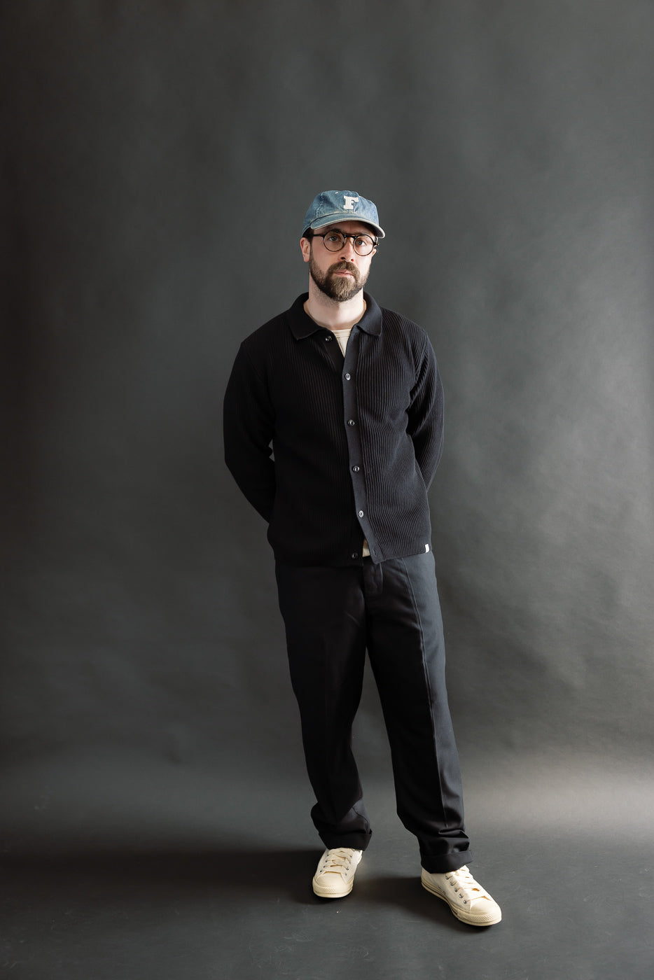 Full body front view of male model 5'9