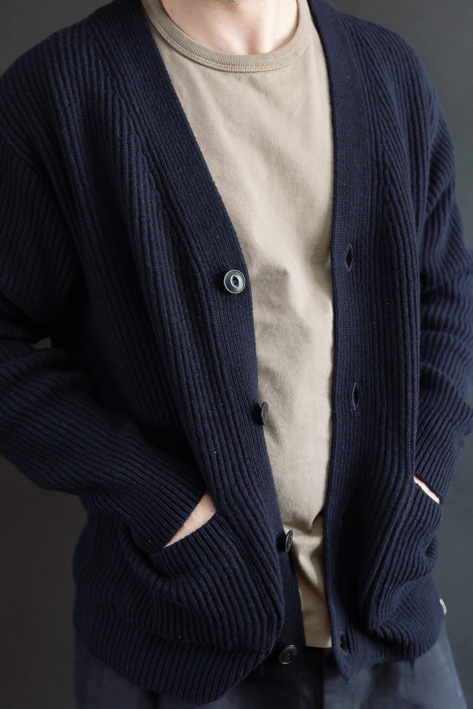 Close-up front of navy Merino wool cashmere cardigan on 5'9
