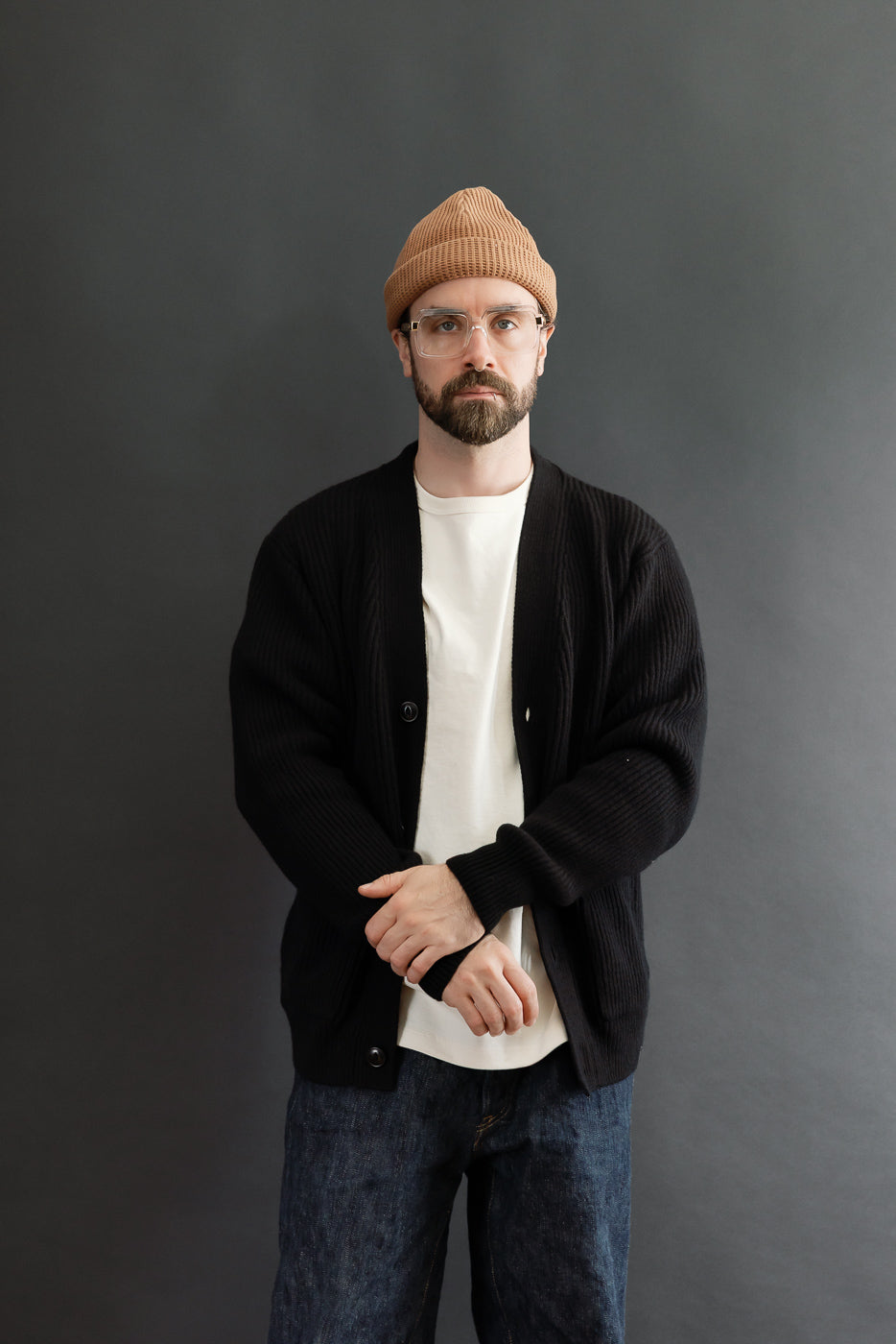 Full body front view of a male model (5'9