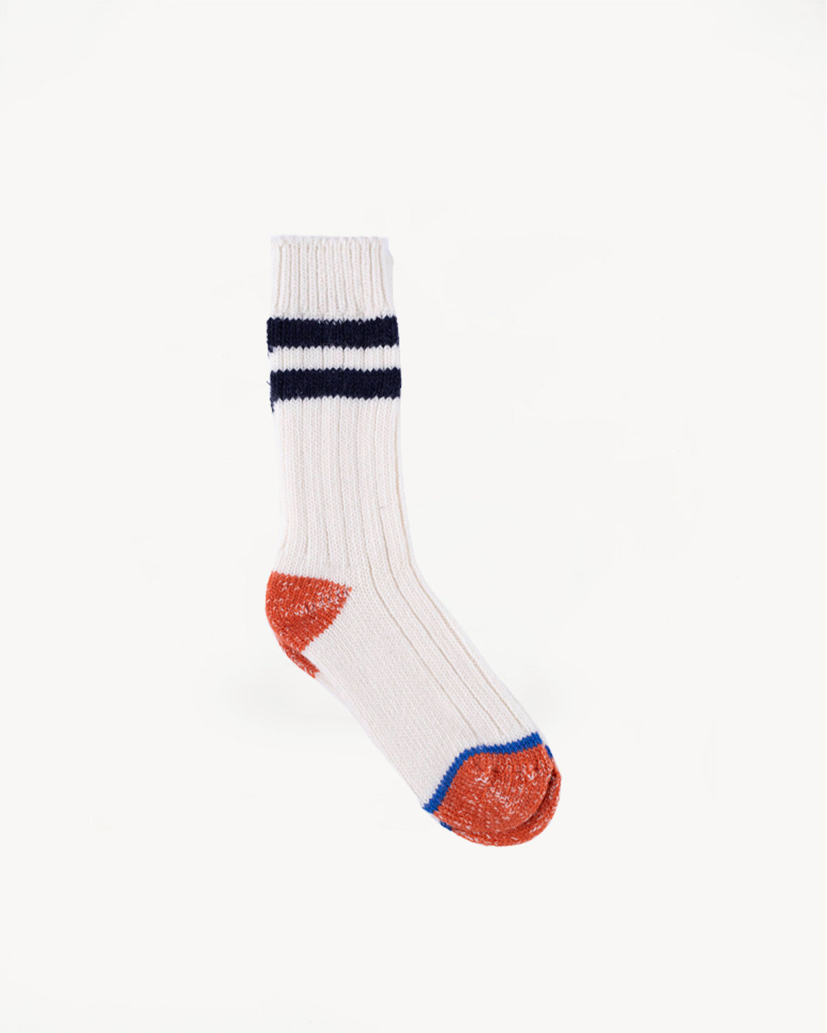 Front view flat lay of Merz b. Schwanen extra fine merino wool sock in cream with navy stripes, orange heel and toe, and blue stripe accent, Dant contemporary casual apparel.
