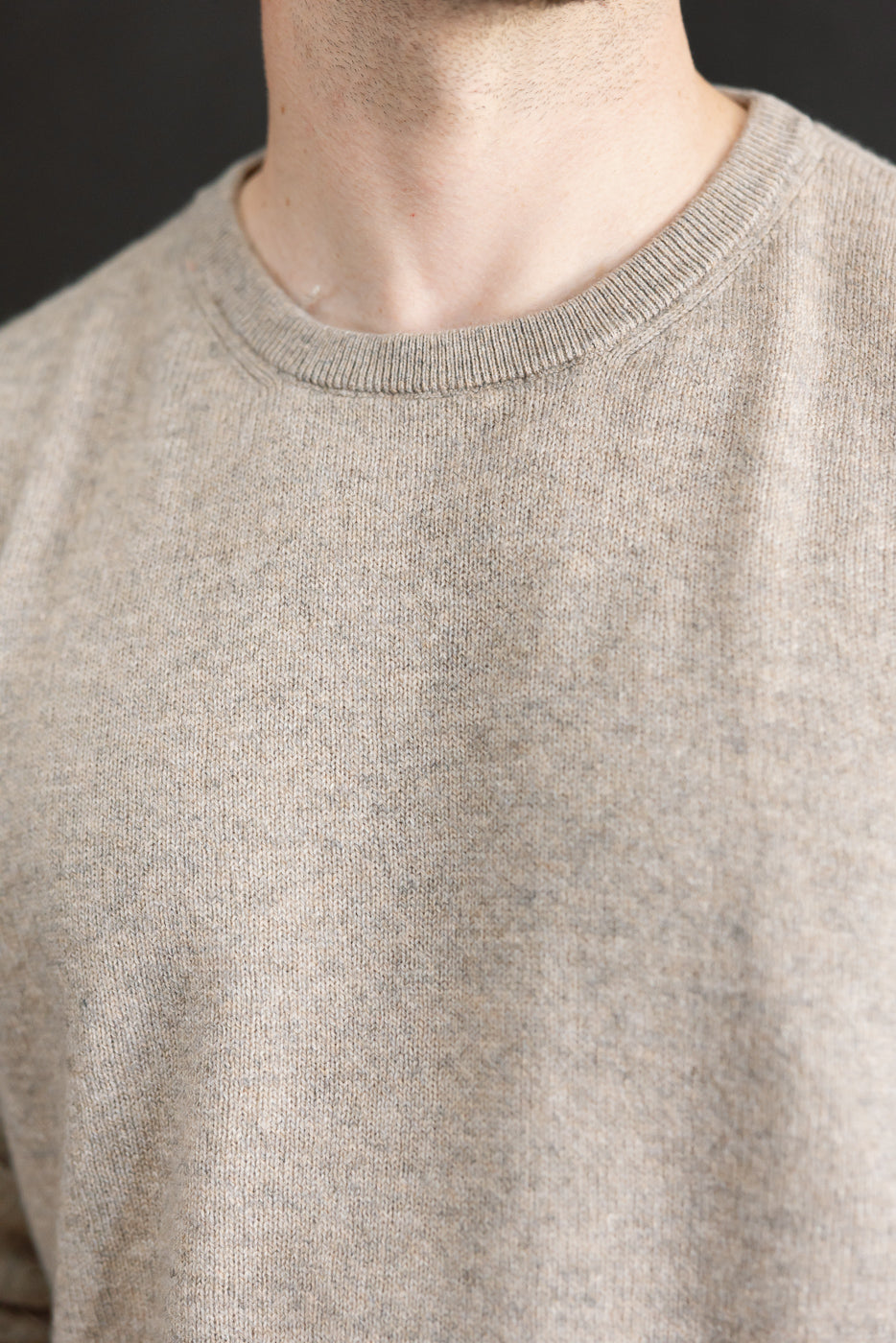 Close-up front view of the ribbed crewneck collar and soft knit texture of a beige sweater.