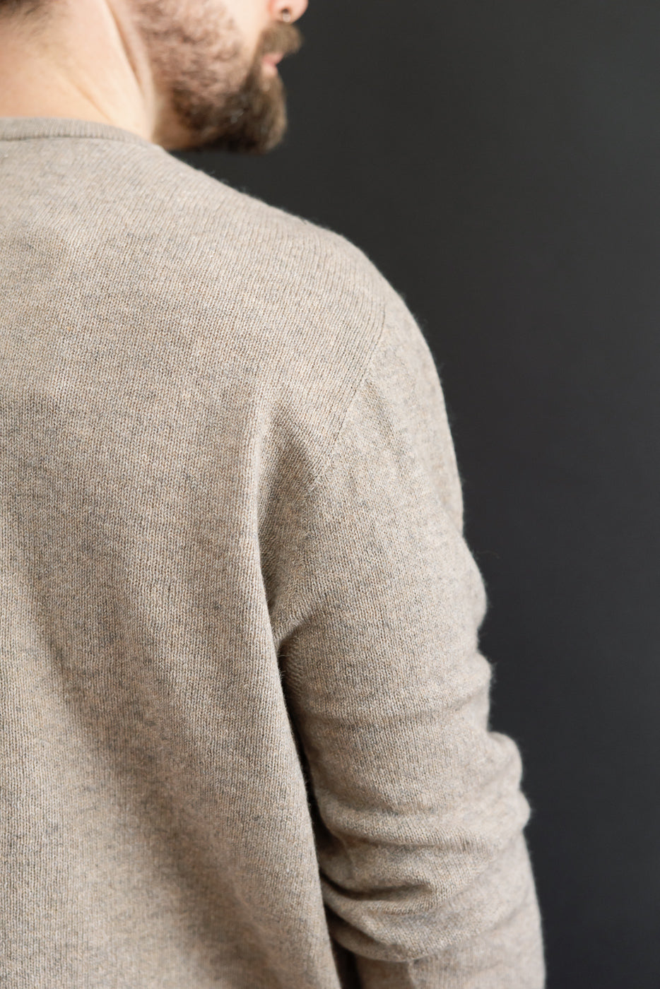 Close-up back view of a male model's tan knit sweater showing fabric texture.